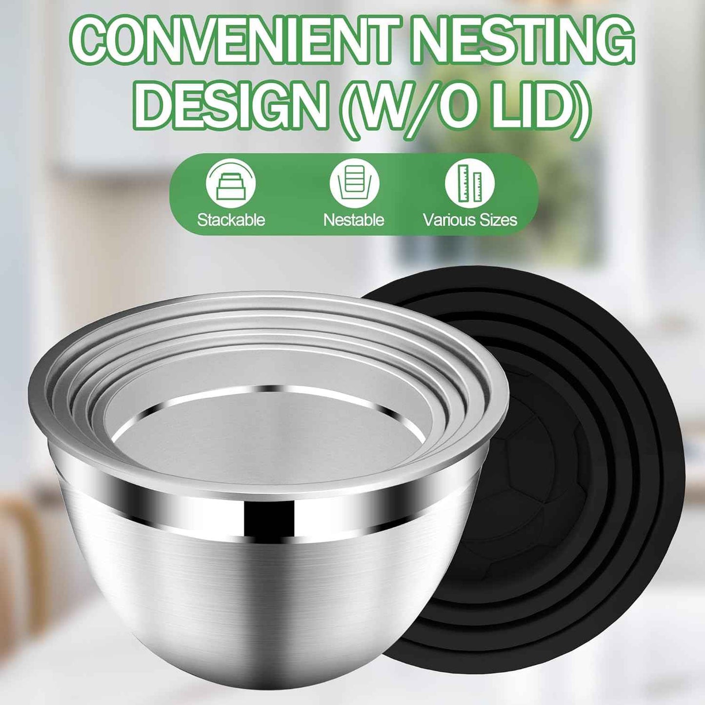 DUTZUN Mixing Bowls with Lids Set, Stainless Steel Mixing Bowls with Colander, Strainer with Mixing Bowl Set, Serving Bowl Kitchen Gift, Size 4.5, 2.5, 2, 1.5QT - Black
