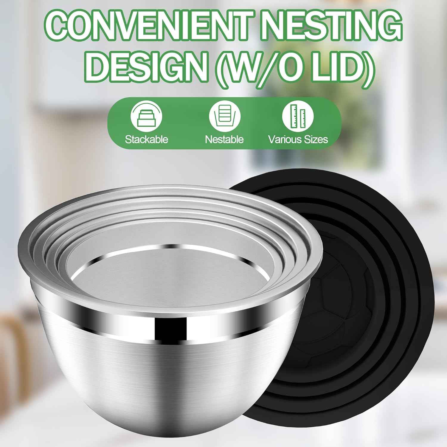 DUTZUN Mixing Bowls with Lids Set, Stainless Steel Mixing Bowls with Colander, Strainer with Mixing Bowl Set, Serving Bowl Kitchen Gift, Size 4.5, 2.5, 2, 1.5QT - Black