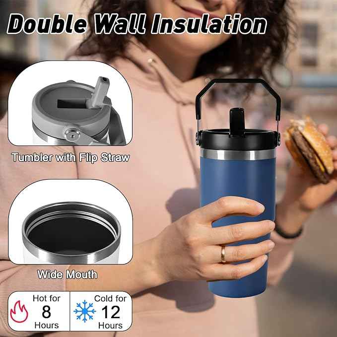 20 oz Tumbler with Handle, Insulated Tumbler with Lid and Flip Straw Leak Proof Double Wall Stainless Steel Vacuum Travel Coffee Mug Insulated Water Bottle Thermal Cup, Cupholder Friendly, Navy