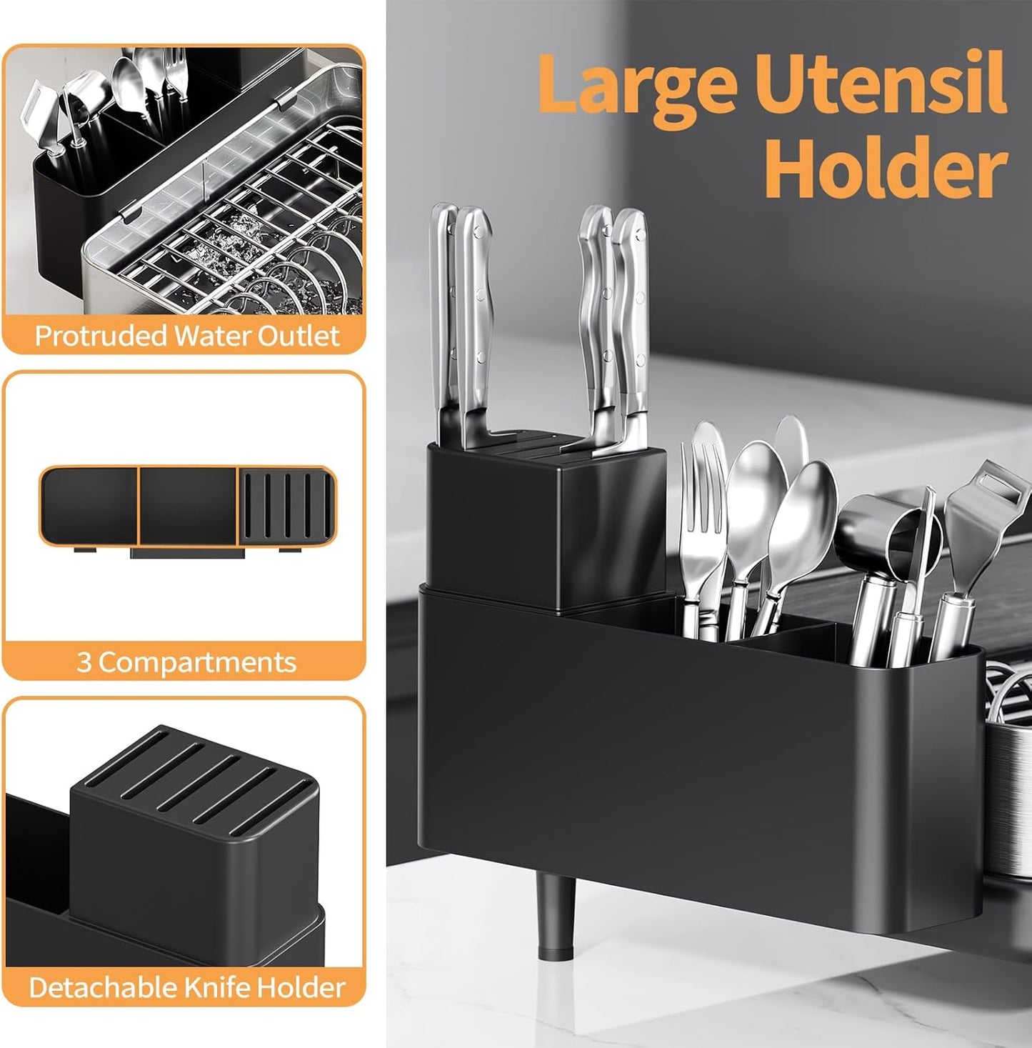 Urackify Dish Rack for Kitchen Counter, 304 Stainless Steel Dish Drying Rack, Expandable Dish Drainer, Foldable Dish Strainer with Cutlery Holder, Kitchen Plate Rack (Black, Large Size)