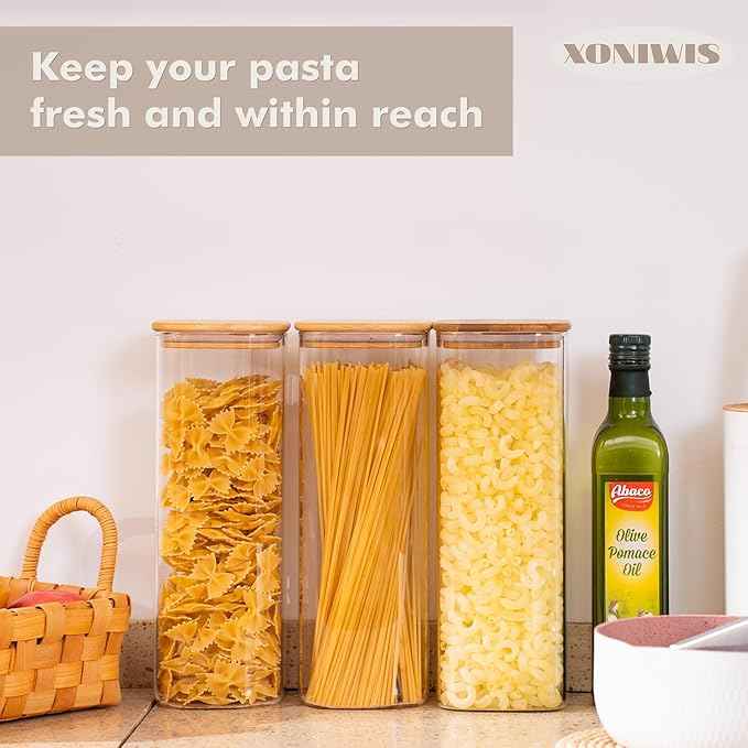 71oz 3PCS Rectangle Spaghetti Pasta Storage Containers with Lids, Tall Pantry Containers, Glass Tight Food Storage Jars with Lids for Penne, Macaroni, Lasagna, Fusilli, Cereal, Flour, Oats