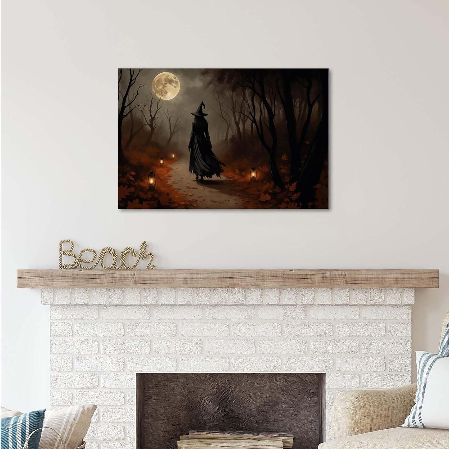 JFHCQJPK Moonlight witch poster dim lantern Halloween decoration Gothic style dark retro college style canvas wall art suitable for living room bedroom20x30in Frameless