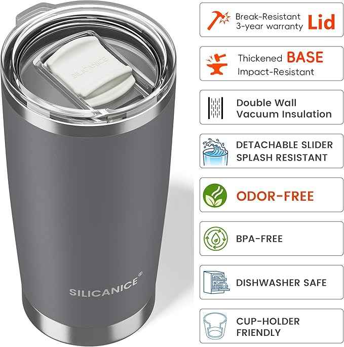 20oz Hygienic Stainless Steel Vacuum Insulated Tumbler w/ Easy-On/Easy-Off Lid - Removable slider, Double Wall 18/8 Travel Mug, BPA-Free, Fits Cup Holders, Premium Quality, Smart Value - Chocoal Gray