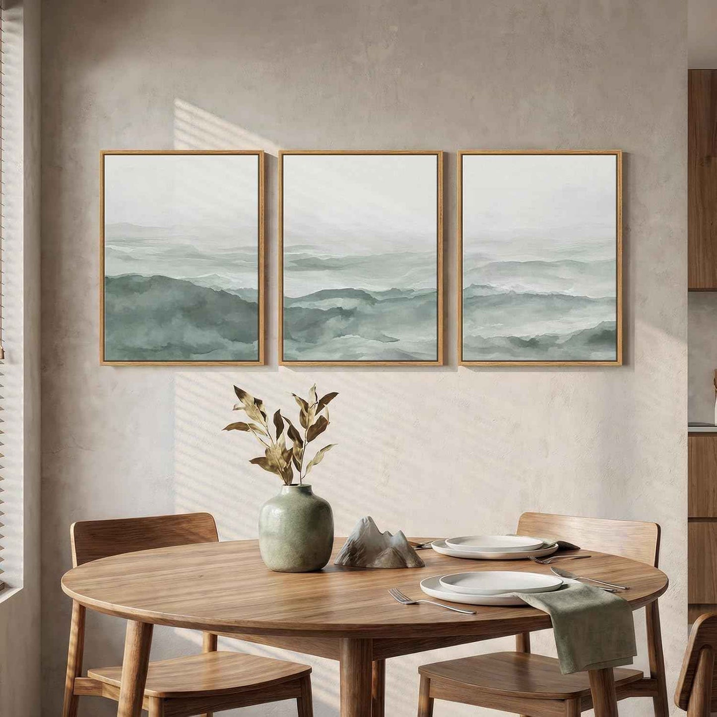 Framed Pastel Green Landscape Wall Art Bedroom, 3 Piece Minimalist Misty Mountain Scenery Canvas Artwork for Walls, Sage Green Paintings Prints Wall Decor for Living Room Home Office, 12x16 Inch