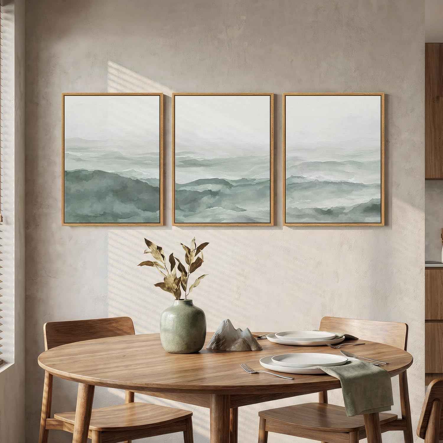 Framed Pastel Green Landscape Wall Art Bedroom, 3 Piece Minimalist Misty Mountain Scenery Canvas Artwork for Walls, Sage Green Paintings Prints Wall Decor for Living Room Home Office, 12x16 Inch