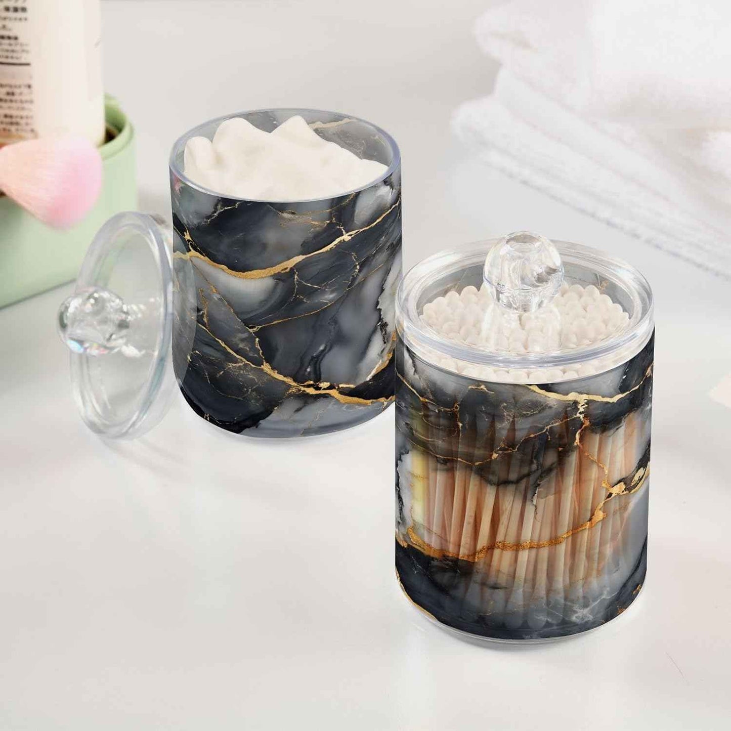 MNSRUU 2 Pack Qtip Holder Organizer Dispenser Abstract Black White Gold Marble Bathroom Storage Canister Plastic Cotton Ball Holder Bathroom Containers for Cotton Swabs/Pads/Floss
