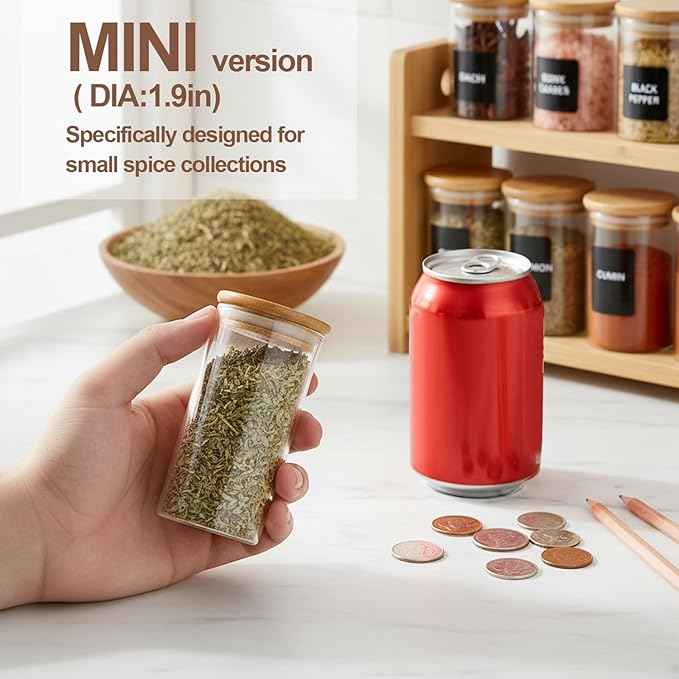 ComSaf Spice Jars with Label 4oz 16 Pack, Glass Spice Jars with Bamboo Lid, Mini Seasoning Containers with 54 Black Labels, Stackable for Kitchen, Pantry Organization, Loose Tea, Herbs, Powders, Salt