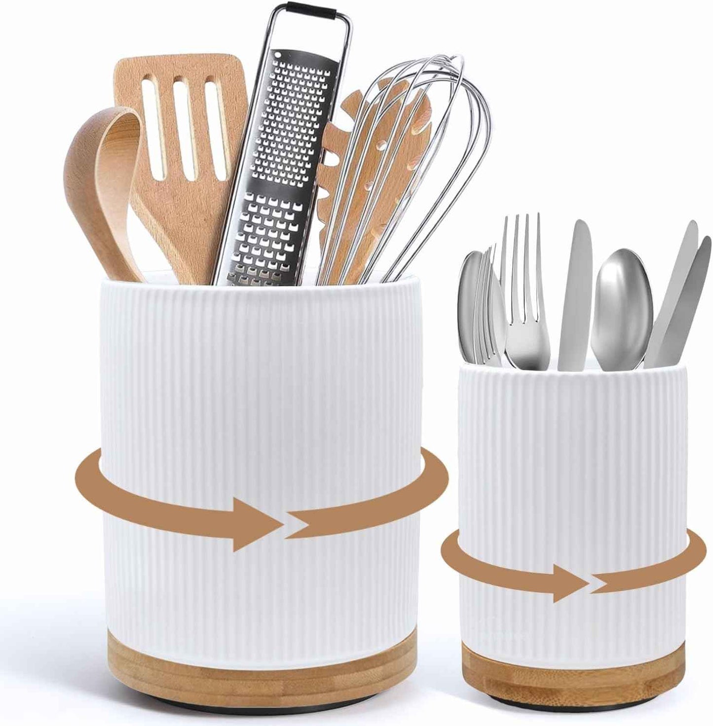 2 Pack Ceramic Utensil Holder, 7.3"+5.4" Large kitchen utensils holder for Countertop, 360° Rotating Cooking Utensil Crock for Kitchen Counter with Detachable Wooden Base, Kitchen Décor