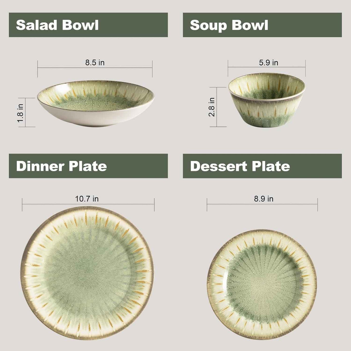 MissYip Melamine Dinnerware Set, 16 Piece for 4, Unbreakable Kitchen Plastic Plates and Bowls set, Indoor and Outdoor Use Tableware, BPA Free, Dishwasher Top Safe, Not Microwave, Not Oven(Green)