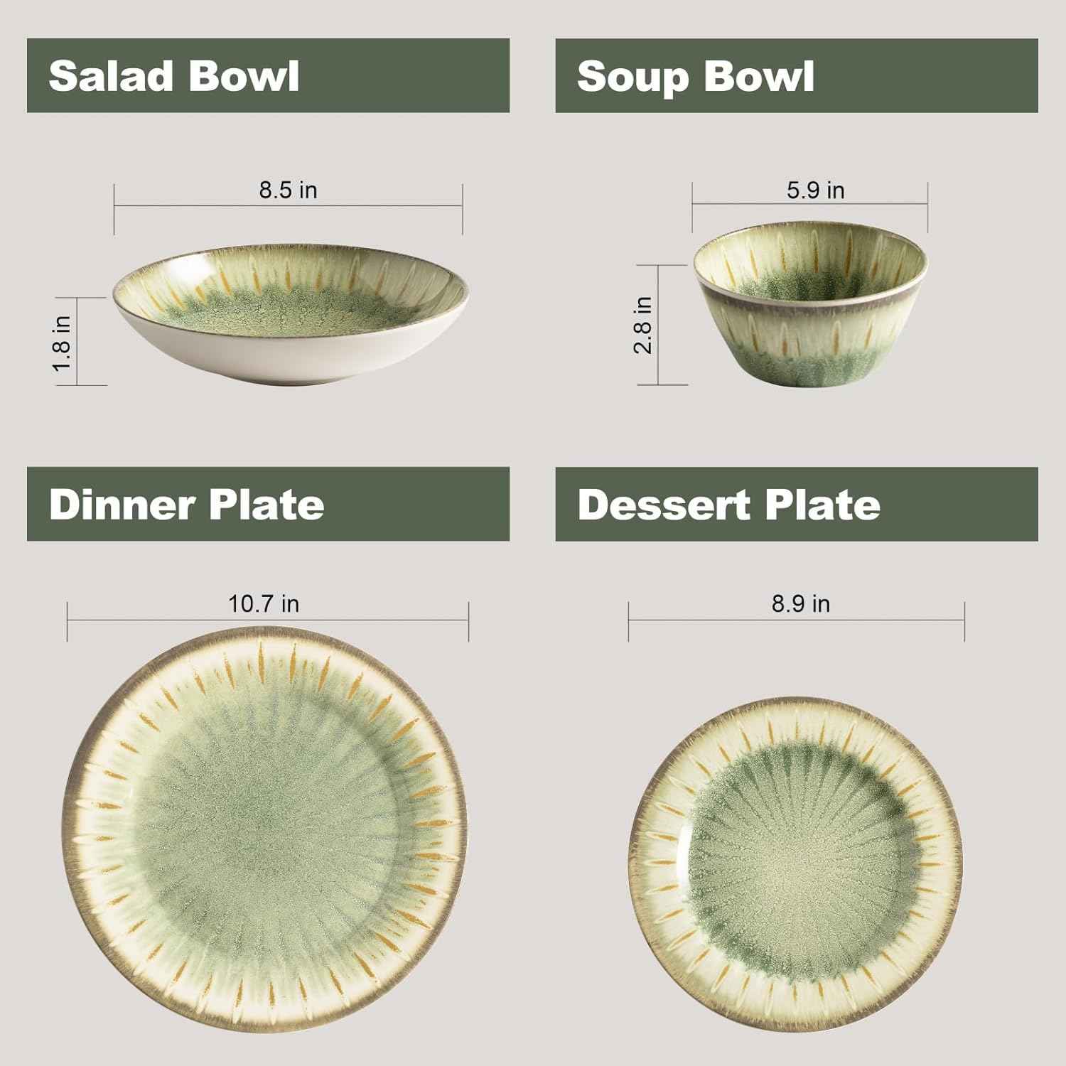 MissYip Melamine Dinnerware Set, 16 Piece for 4, Unbreakable Kitchen Plastic Plates and Bowls set, Indoor and Outdoor Use Tableware, BPA Free, Dishwasher Top Safe, Not Microwave, Not Oven(Green)