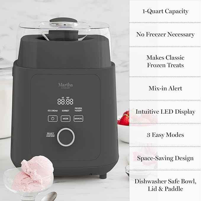 Martha Stewart 1 Quart Ice Cream Maker, Built-In Compressor, No Pre-Freezing Required, 3 Modes (Ice Cream, Sorbet, Frozen Yogurt), Automatic Mix-In Alert, Dishwasher-Safe Parts, Caviar Gray