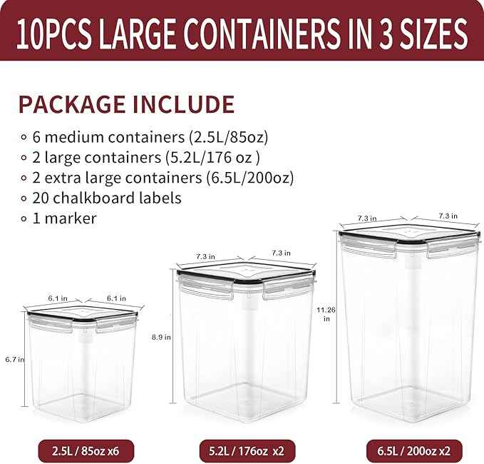 PRAKI Large Airtight Food Storage Containers with Lids, 10PCS Plastic Cereal Storage Containers, Kitchen & Pantry Organizers and Storage for Sugar, Flour, Baking Supplies with Lables & Mark
