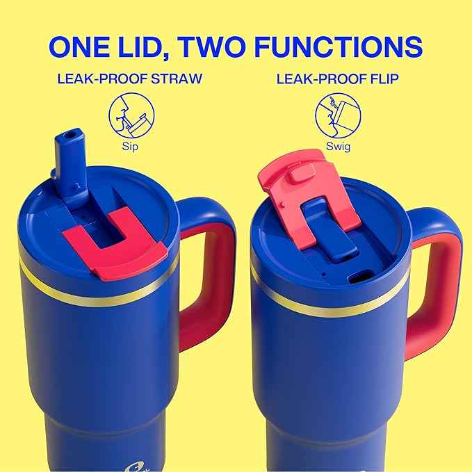 32 oz Tumbler with Handle and Straw: Stainless Steel Insulated Tumbler Keeps Cold for 24 Hours, Leakproof Travel Cup Fits in Cup Holder and BPA-Free,Beaucoup Blue