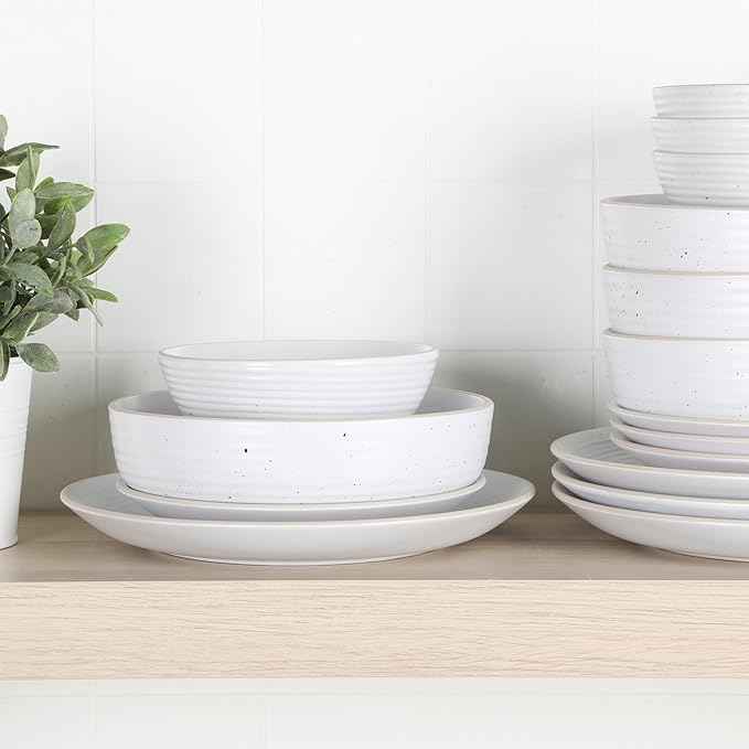 Gibson Home Dinah 16-Piece Matte White Stoneware Dinnerware Set – Double Bowl, Embossed Speckled Design, Durable Kitchen Dinnerware