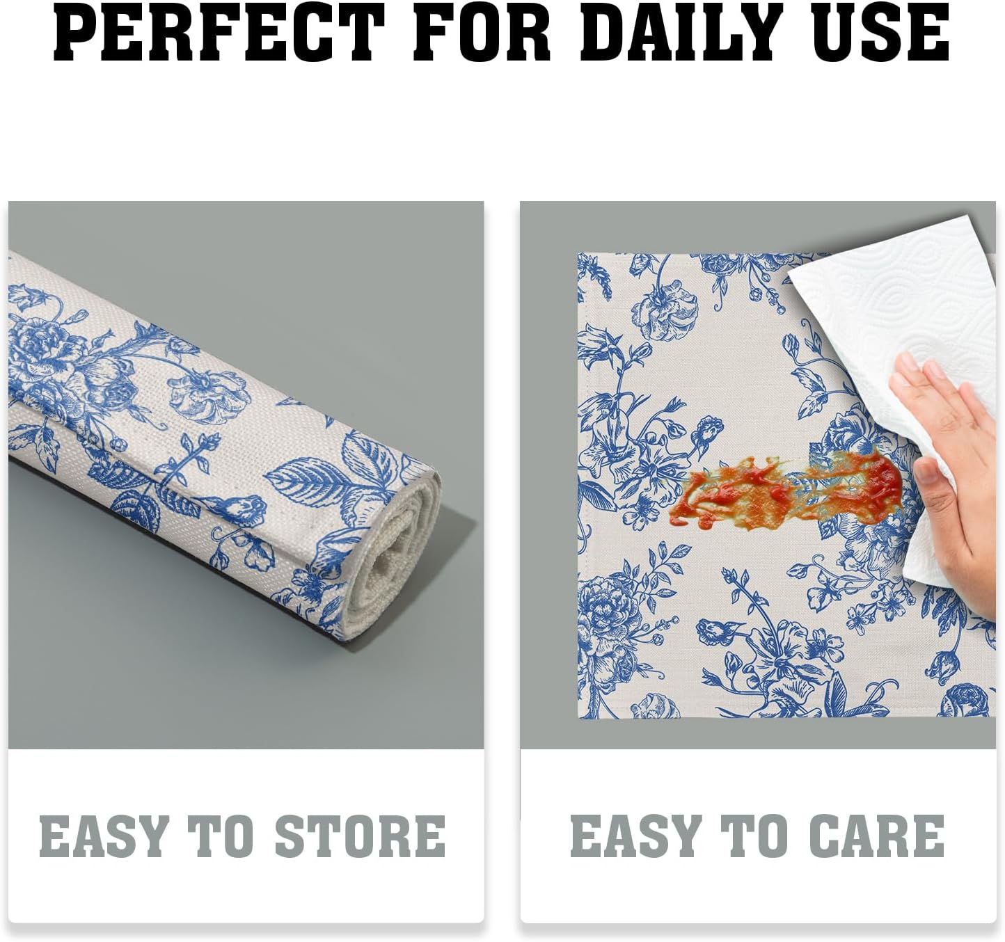 Blue Floral Placemats Set of 4 Vintage Flower Blue and Cream Washable Non-Slip Heat Resistant Place Mats 12x18 Inch Spring Summer Linen Table Mats for Kitchen Dining Party Decor