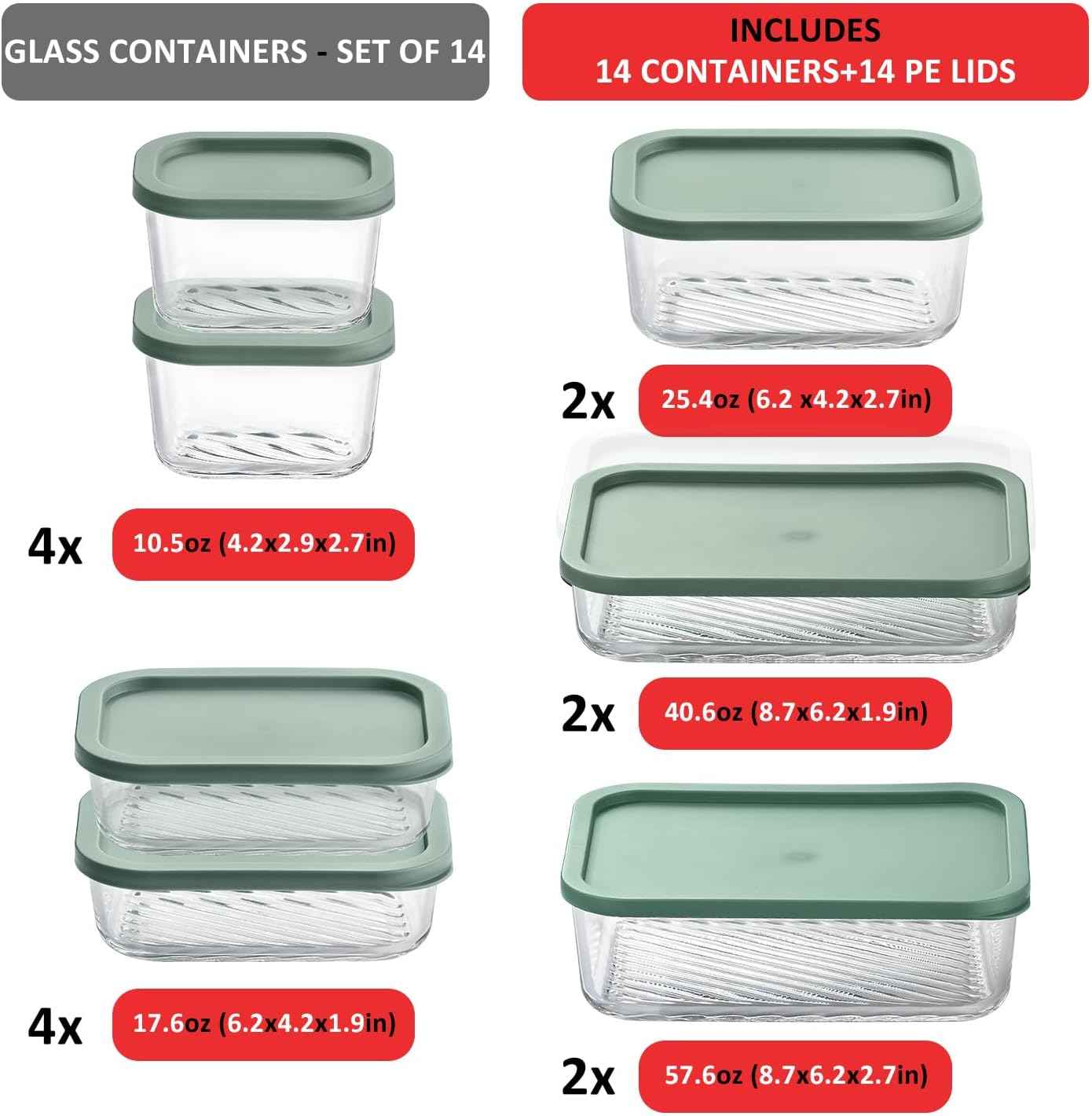 EATEX 14 Pack Glass Meal Prep Containers with Grooved Base, 14 Stackable BPA Free Glass Storage Containers with Lids for Lunch, Pantry, and Kitchen - Microwave, Dishwasher Freezer & Oven Safe - Sage