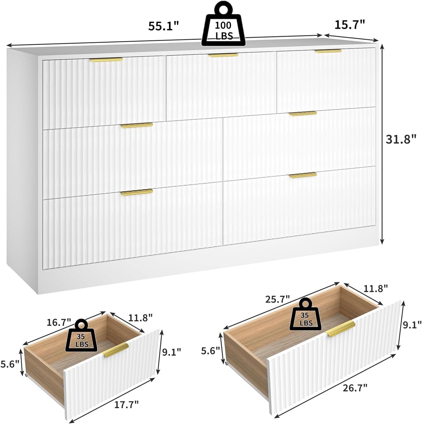 White 7 Drawer Dresser for Bedroom, 55” Wide Fluted Dresser with Gold Handles, Modern Chest of Drawer for Bedroom, Closet, Living Room, Entryway, Hallway, White