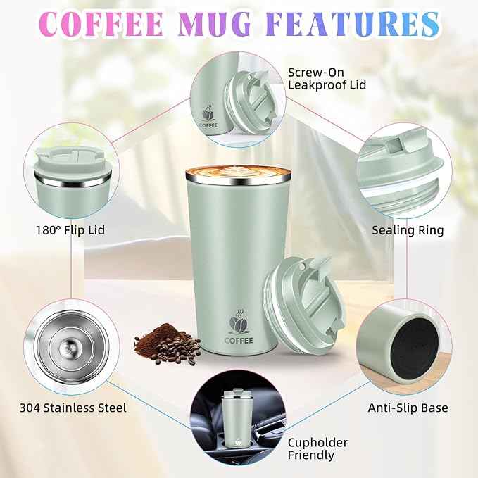 17oz Insulated Travel Coffee Mug with Flip Lid – Leakproof Stainless Steel Insulated Coffee Tumblers, Reusable Coffee Cup for Hot & Cold Drinks, Perfect for Camping & On-the-Go