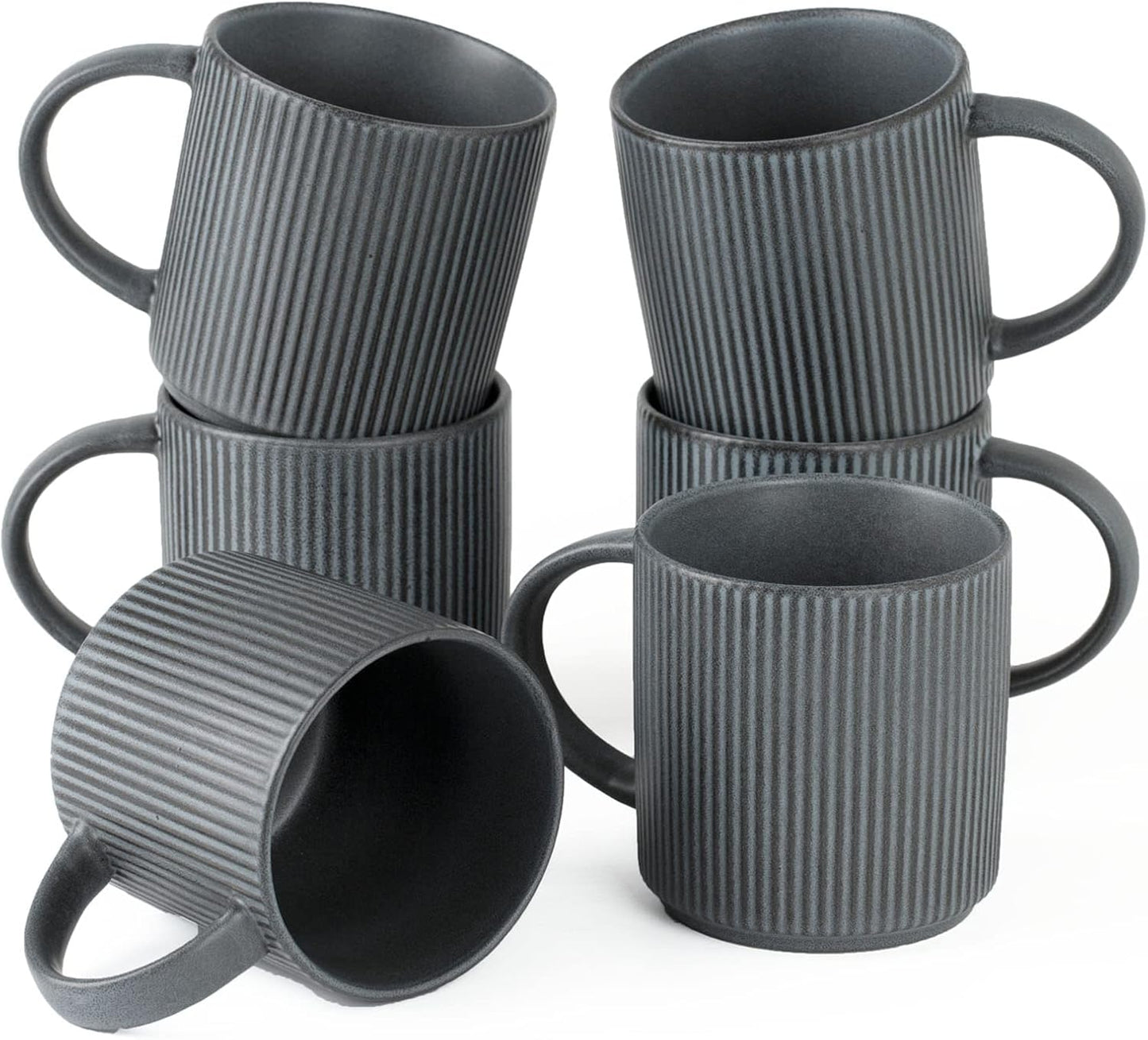 famiware Coffee Mug Set for 6, Star 12 oz Catering Mugs Cup Set with Handle for Coffee, Tea, Cocoa, Milk - Ceramic Stoneware Drinkware Set, Matte Dark Charcoal