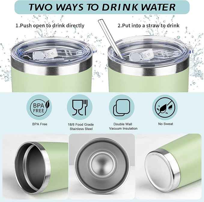 20oz Tumbler with Straw and Brush, Stainless Steel Vacuum Insulated tumbler, Double Wall Insulated Coffee Tumbler for Outdoor, Home, Travel,Office (Matcha Green,1pcs)