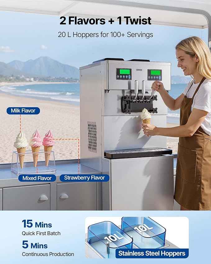 VEVOR Commercial Ice Cream Machine, 34-44L/H Yield, Dual-Compressor Freestanding Soft Serve Ice Cream Maker with 2 * 10L Hoppers & 3 Flavors, Pre-Cooling Puffing Low-Mix Alert for Snack Dessert Shops