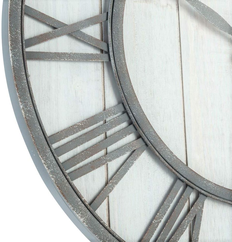 Oldtown Farmhouse Metal & Solid Wood Noiseless Wall Clock (Whitewash, 24-inch)