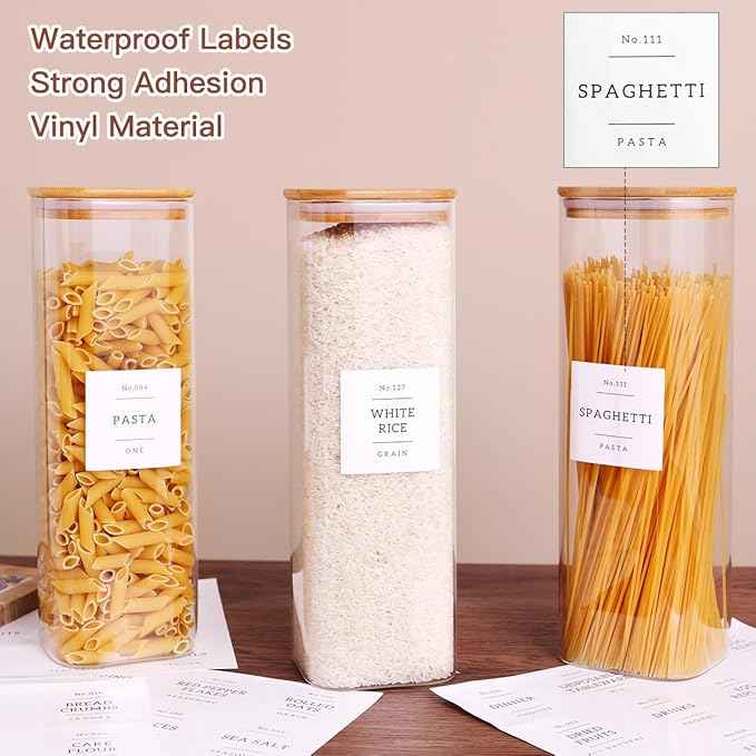 CZZGSM 3 Pack Square Kitchen Storage Jars with Airtight Bamboo Lids and 132 Pantry Labels - 80oz Glass Canisters with Wood Lids - Food Storage Containers for Spaghetti, Pasta, Fettuccine
