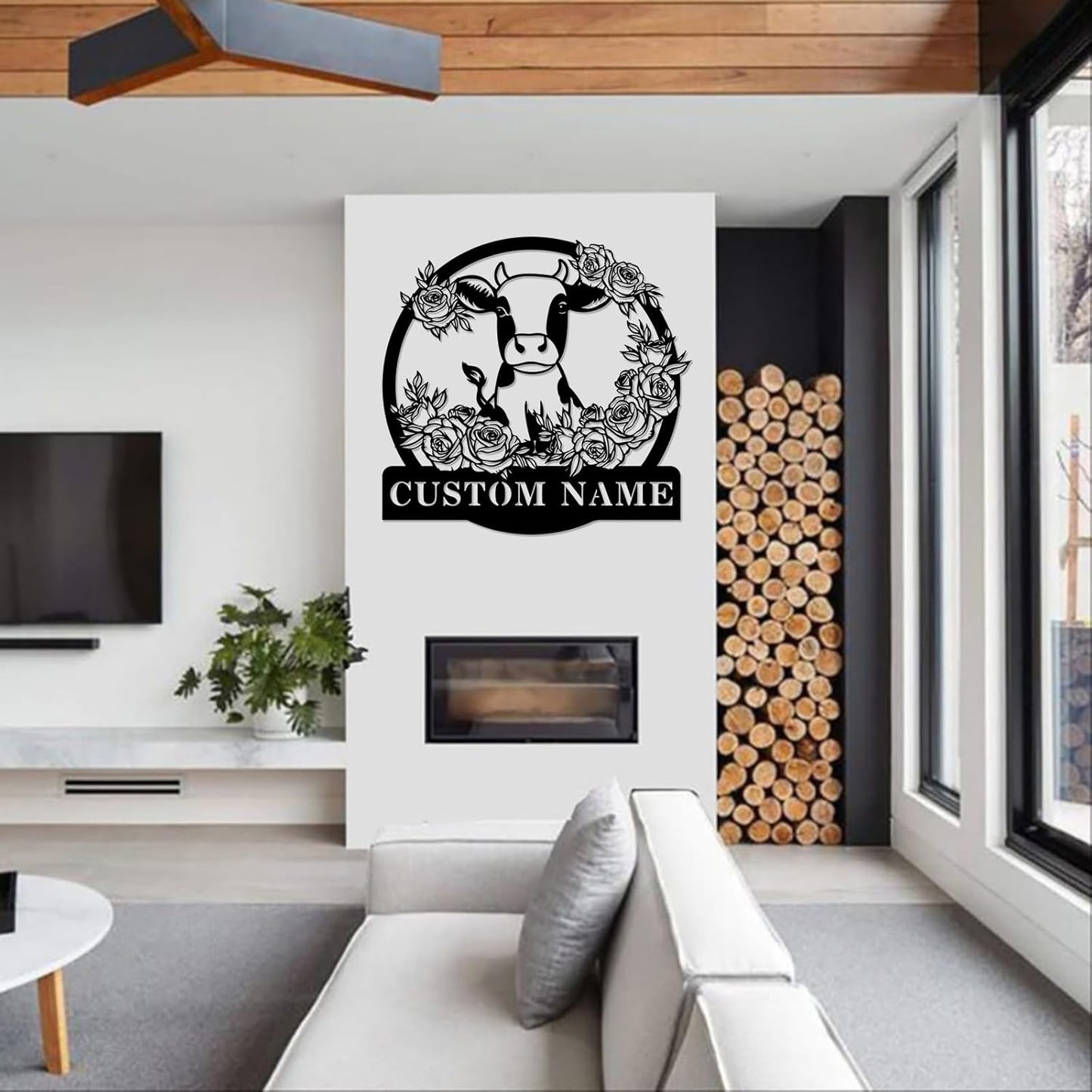 Custom Cow Metal Sign, Personalized Family Name Wall Art, Farm Customized Decor Gifts for Housewarming, Flower Plaque for Farmhouse Bedroom Outside Garden Yard Ranch