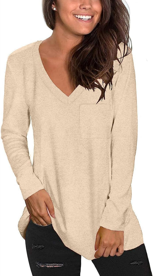 Tobrief Women's Long Sleeve V-Neck Shirts Fall Graphic Tees Loose Casual T-Shirt