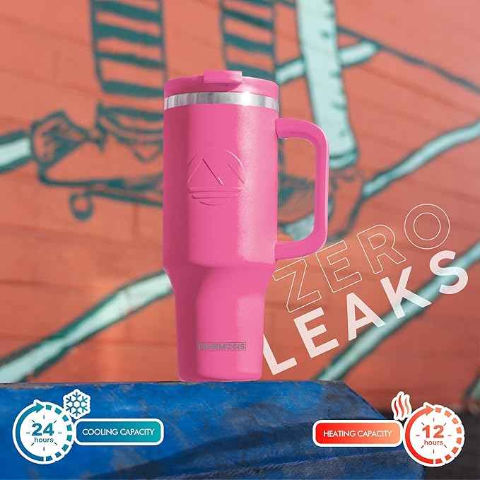 FAHRMOSIS 40 Oz Tumbler with Handle and Straw Insulated Cup that Fits in Cup Holder for Hot & Cold Drinks Leak Proof Tumbler with Straw Stainless Steel Travel Mug for Men & Women - Hot Pink