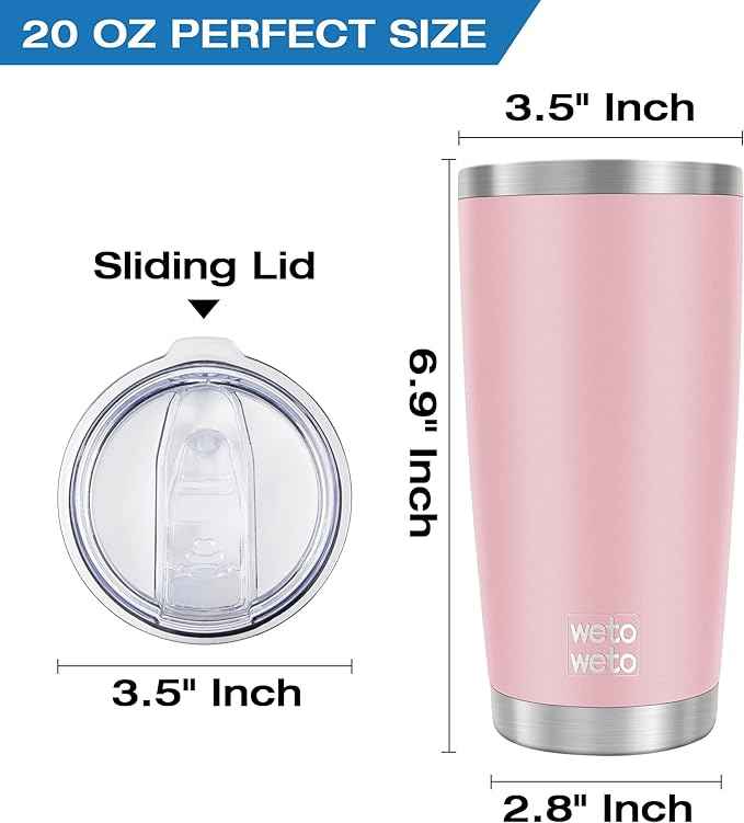 WETOWETO 20oz Tumbler, Stainless Steel Vacuum Insulated Water Coffee Tumbler Cup, Double Wall Powder Coated Spill-Proof Travel Mug Thermal Cup for Home Outdoor (Ice Pink, 1 Pack)