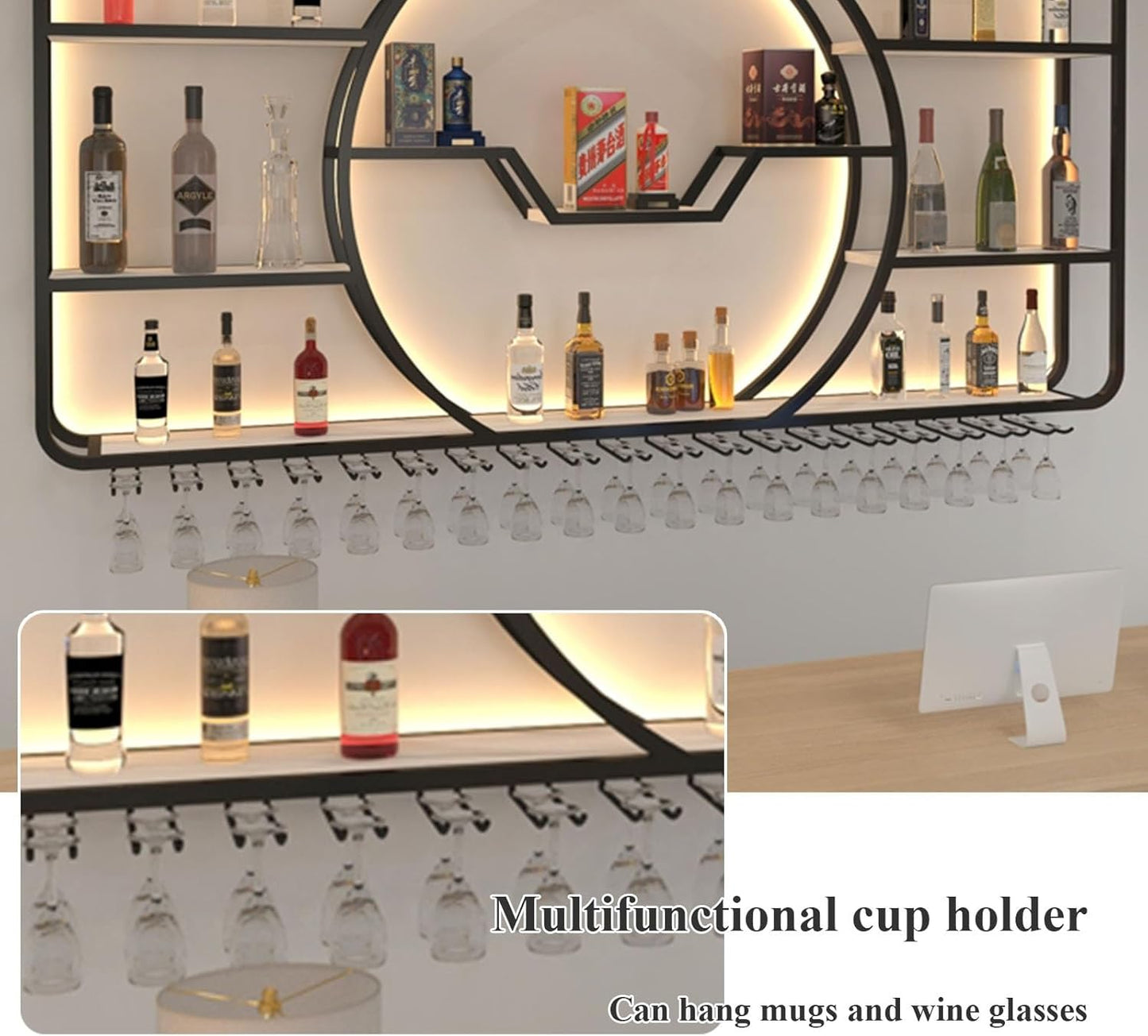 3-Tiers Metal Wine Rack Wall Mounted Modern With LED Light With Wine Glass Holder Large Liquor Bar Display Shelf,Bar Bottle Display Shelf Wine Cups Hanging Holder For Kitchen Living Room Home Decor(Bl