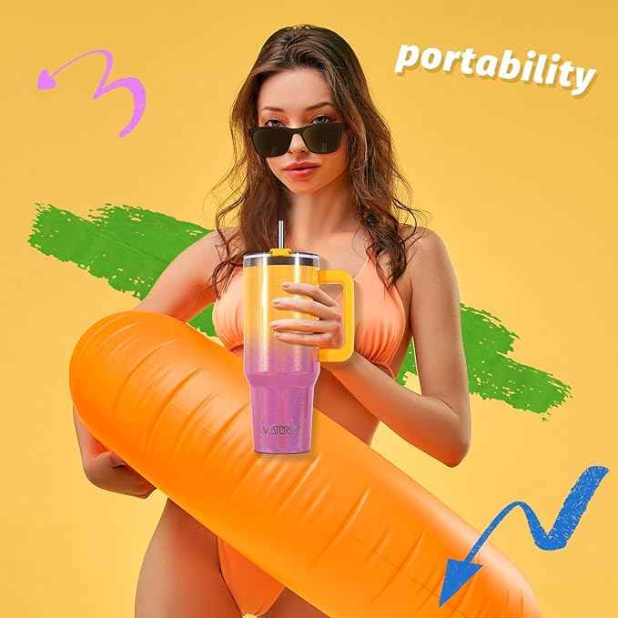 30 oz Shiny Tumbler with Handle and Straw,Stainless Steel Tumbler with Lid and Straw,Insulated Travel Mug(Cold for 34 Hours),Water Bottle for Iced Tea,Coffee (Yellow)