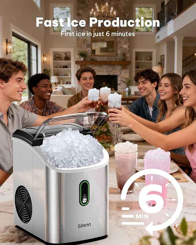 Silonn Nugget Ice Maker Countertop, Pellet Ice Machine with Self-Cleaning Function, Sonic Ice Maker Produces 33lbs of Chewable Ice in 24 Hours, Ideal for Home Kitchen and Office (Stainless Steel)