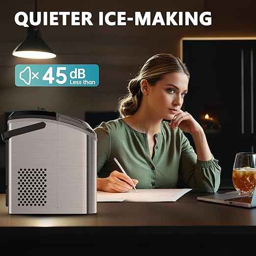 EUHOMY Nugget Ice Maker Countertop with Handle, Ready in 6 Mins, 34lbs Per Day, Removable Top Cover, Auto-Cleaning, Portable Sonic Ice Maker with Basket and Scoop, for Home/Party/RV/Camping (Silver)