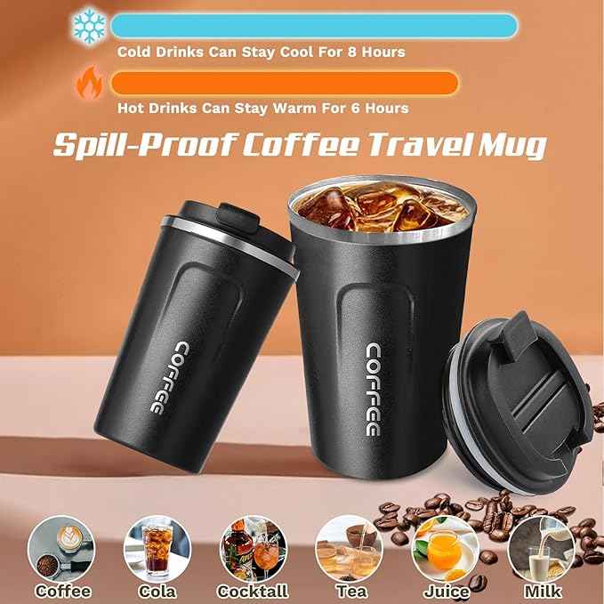SPLMIFA Travel coffee mugs leak-proof, reusable coffee cups with lids, stainless steel vacuum insulated coffee tumblers, thermal insulation cups for men & women keep drinks hot & cold(2nd-Black, 17OZ)