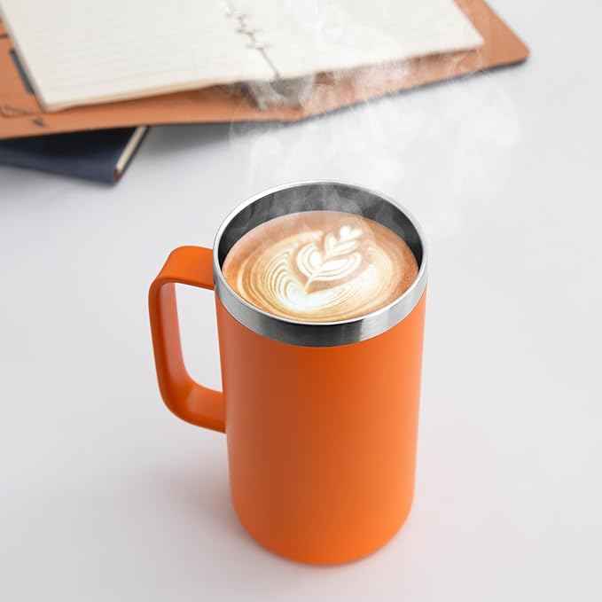 DOMICARE 24oz Mug with Handle and Lid, Stainless Steel Coffee Mug, Travel Mug with Handle, Double Wall Vacuum Coffee Tumbler, Reusable Insulated Cup, Orange, Pack 8