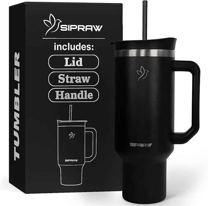 40oz Tumbler with Handle and Straw Insulated Stainless Steel Travel Mug Vacuum Double Wall Coffee Cup Leak Resistant Lid BPA-Free Cup Holder Friendly for Hot & Cold Drinks, Black