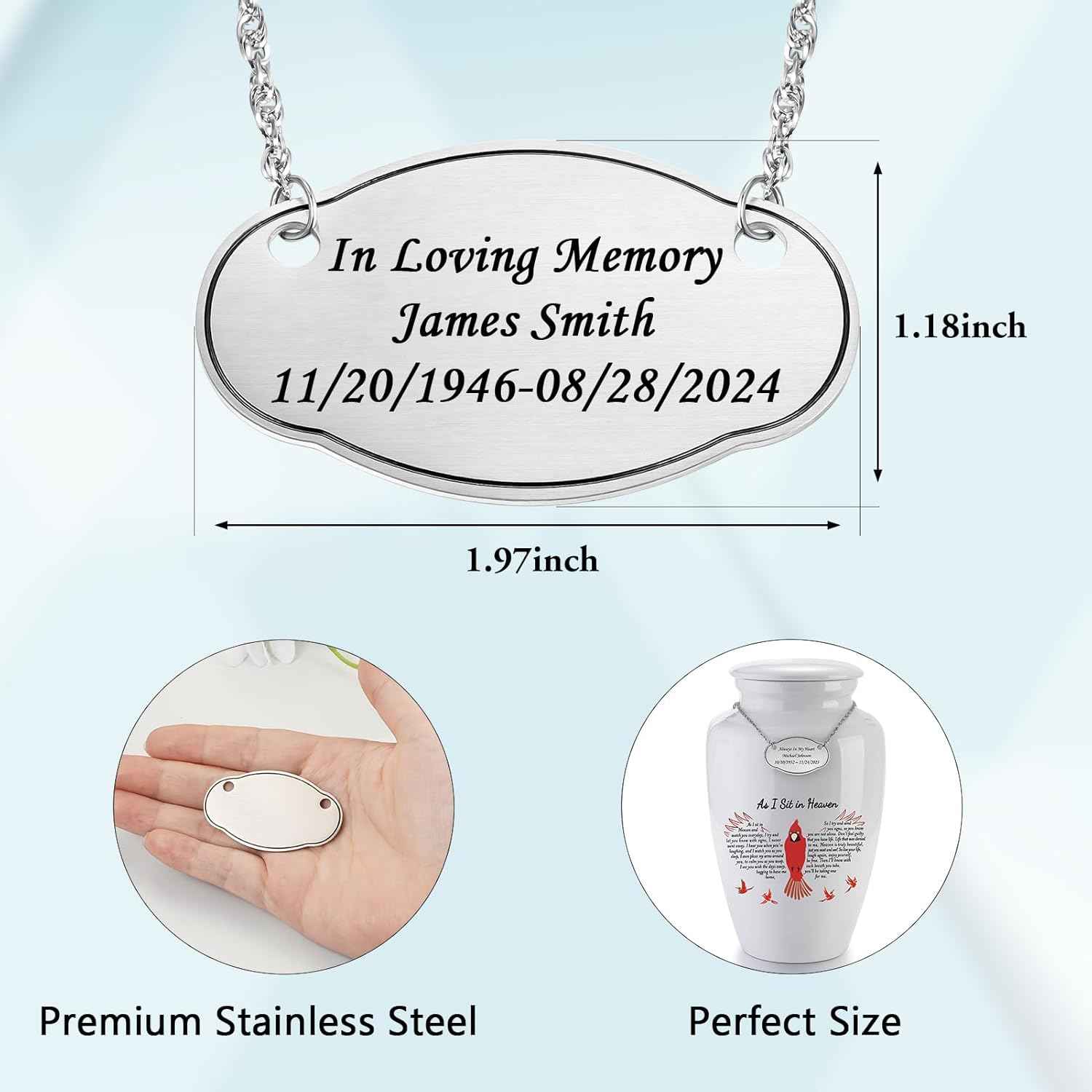 Abooxiu Engraved Custom Name Plate for Cremation Urns for Human Ashes Urn Plaques Personalized Engraved Urn Pendant for Keepsake Urns, Hanging Name Tag in Stainless Steels with Chain or Satin Ribbon