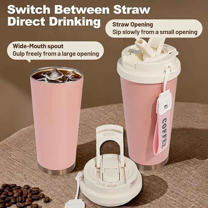Insulated Coffee Tumbler 17.9oz 530ml Travel Coffee Mug 316 Stainless Steel Dual Drink Openings Leakproof Lid Reusable Insulated Coffee Mug Hot and Cold Ideal Travel Mug for Coffee Lover Daily