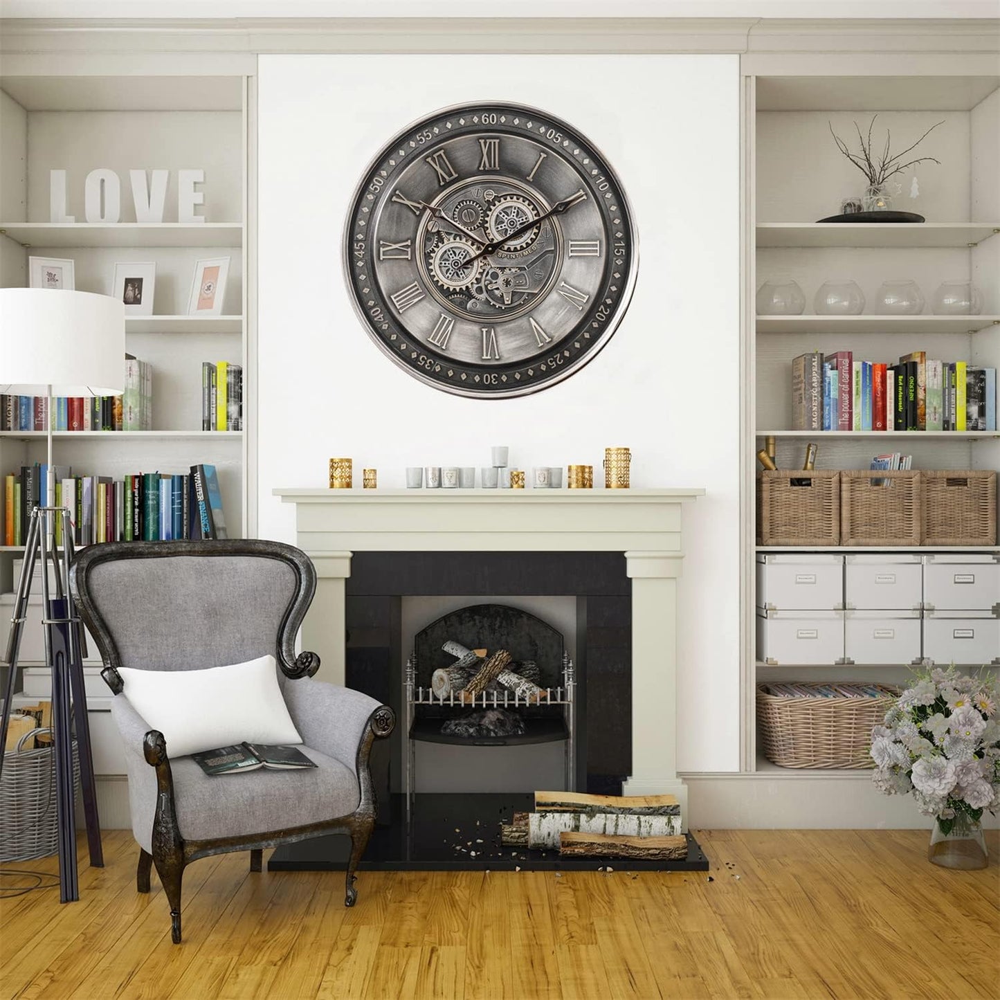 CLXEAST 24 Inch Large Moving Gear Wall Clock for Living Room Decor, Antique Silver Metal Roman Numerals Wall Clocks for Home Office