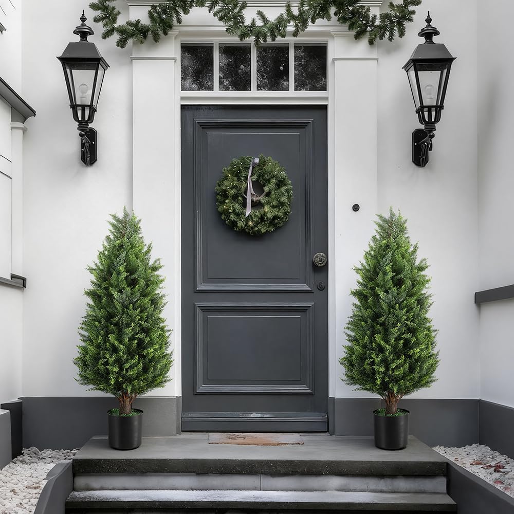 3FT Artificial Cedar Topiary Trees Set of 2, UV Resistant Lifelike Fake Evergreen Pine Potted Shrubs Plants Outdoor, Realistic Faux Cypress Bushes for Front Porch Indoor Home Garden Christmas Decor
