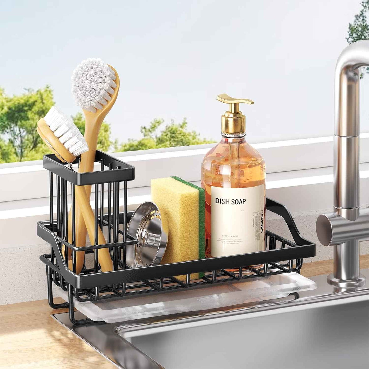 Consumest Sponge Holder for Kitchen Sink - Kitchen Sink Caddy Organizer with Removable Drip Tray for Countertop Dish Soap Dispenser Brush Storage Accessories 304 Stainless Steel - Black