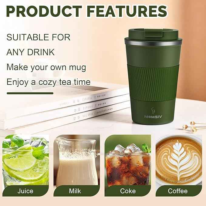 MOMSIV 12oz Travel Mug, Insulated Coffee Cup with Leakproof Lid, Vacuum Stainless Steel Double Walled Reusable Tumbler for Hot and Cold Water Coffee and Tea In Travel and Car Armygreen 380ML