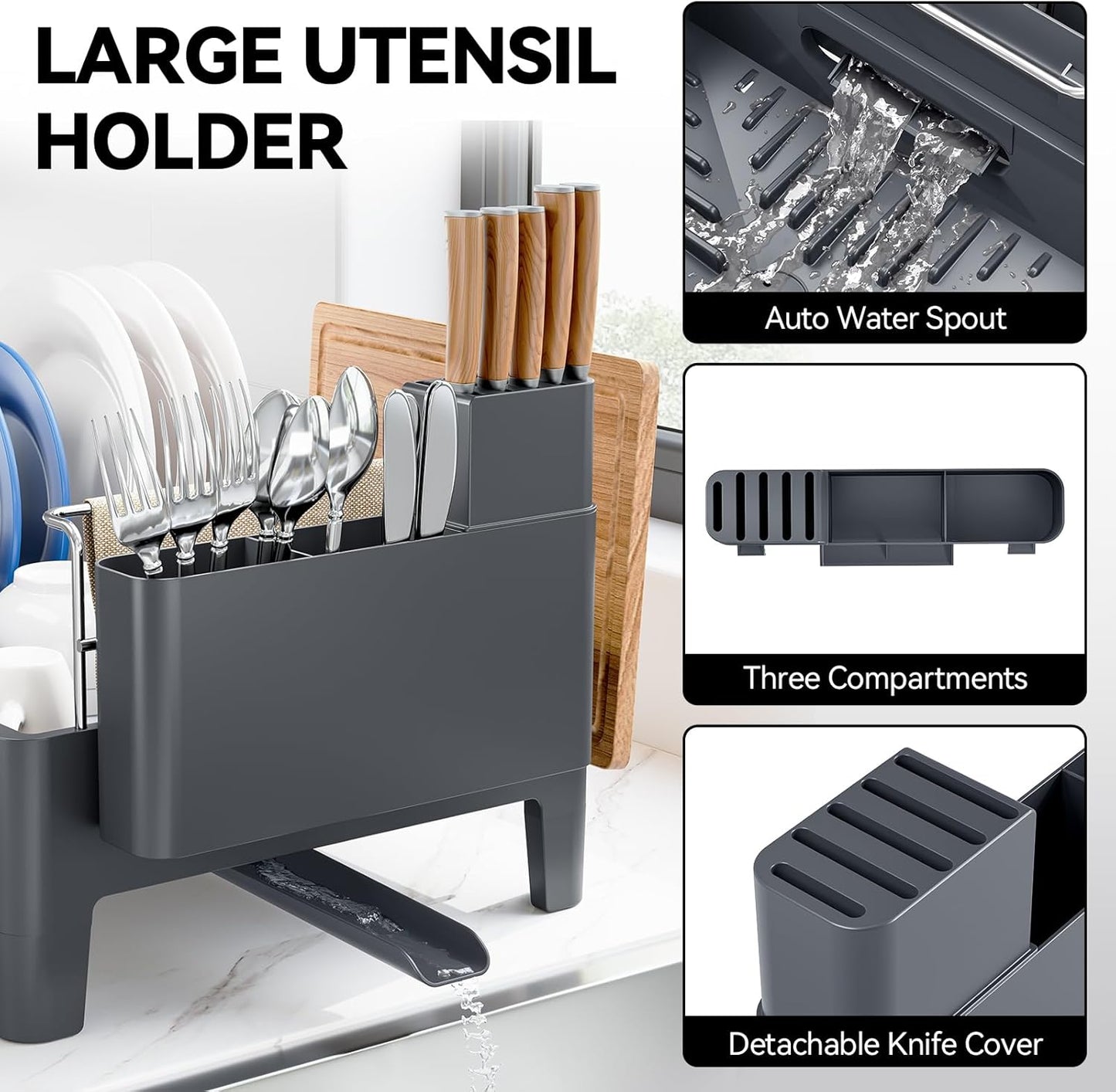 Urackify Expandable Dish Drying Rack, Stainless Steel Dish Rack with Aluminum Frame, Dish Drainer for Kitchen Counter, Space Saving Kitchen Drying Rack with Movable Utensil Holder, Gray