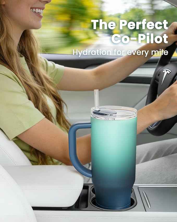 Renoj Insulated Mug 100% Spill Resistant Insulated Water Bottle for Iced Coffee & Hot Drinks - Fits Car Cup Holder, Ideal Gift, 2 Straws & Silicone Boot - FlexSlide Blue Gradient 40 oz