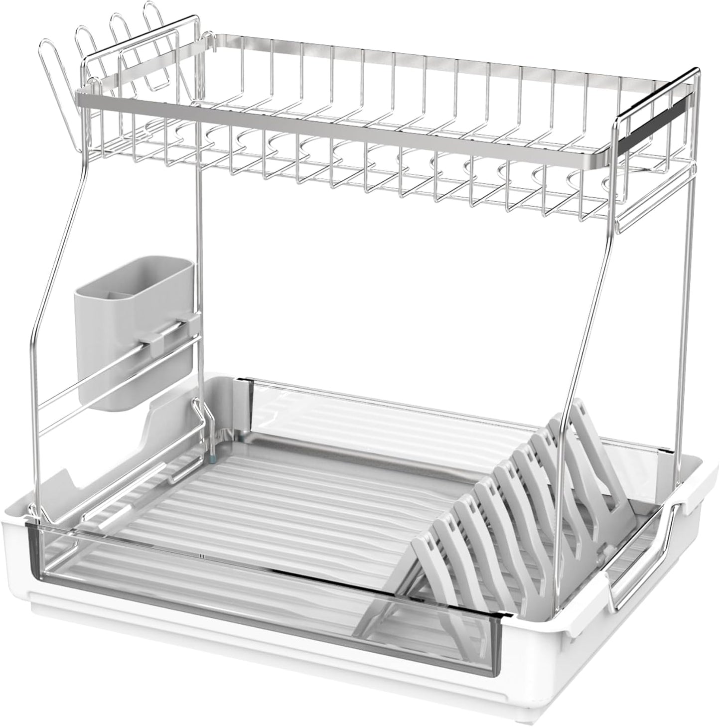 Rustproof Dish Drying Rack, 2 Tier Large Dish Rack,17.13"(L) x 13.2"(W) x 15.35"(H), Detachable Dish Drainer Organizer with Utensil Holder, Drainboard,White