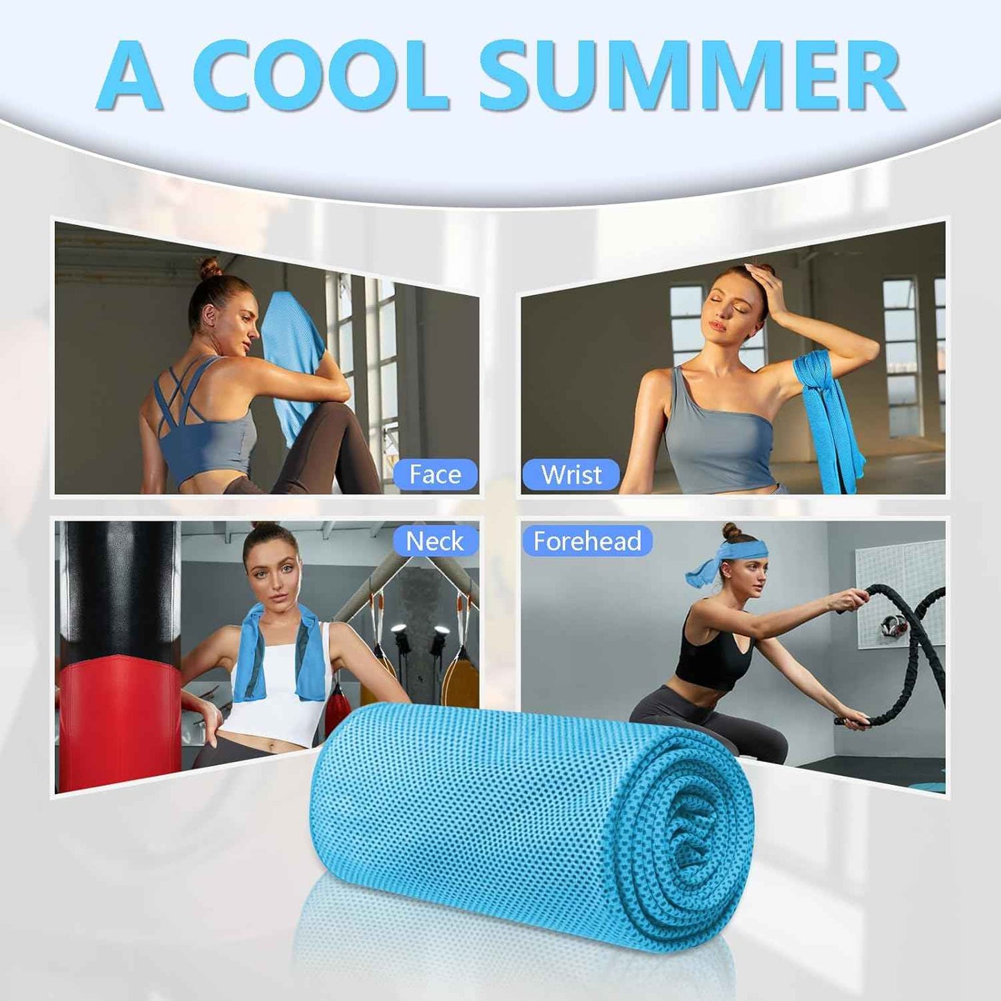 PAWPRO 4 Packs Cooling Towels for Neck and Face, Soft Breathable Gym Towels with Waterproof Bag & Carabiner, Multi-Colored Sweat Towels for Gym, Running, Yoga (Light Blue/Royal Blue/Black/Grey)