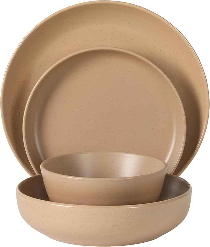 Gibson Elite Leeds Court Plates and Bowls Sets, 16-Piece Stoneware Dinnerware Sets, Terracotta, Round Speckle Reactive Glaze Dish Set