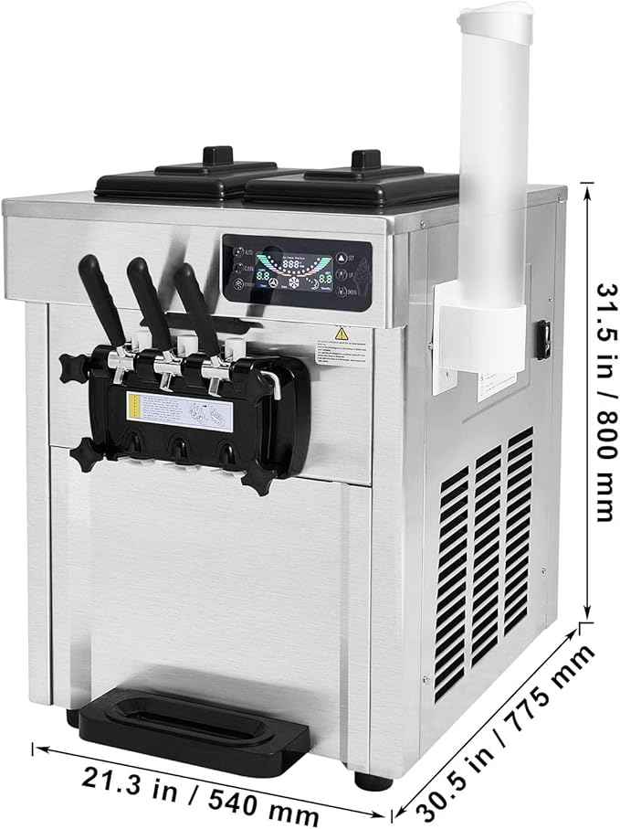 Happybuy Commercial Ice Cream Machine, 1850W, 18-28 L/H Yield, 3-Flavor Countertop Soft Serve Maker, 2 x 5.5L Stainless Steel Cylinder, LED Panel, Auto Clean & Pre-cooling, for Restaurant Bars